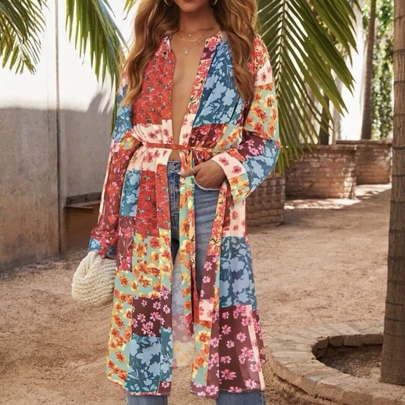 Tops - Boho Retro Vintage Floral Sheer Chiffon Kimono Gypsy Robe Duster beach coverup